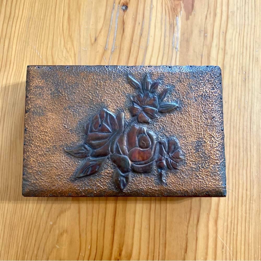 Vintage Copper Wood Trinket Box Handmade Floral Rose Design Stamped Copper